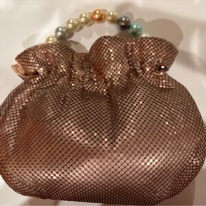 Whiting & Davis Pink Rose Metal Mesh Clutch Bag with Pearl Handle